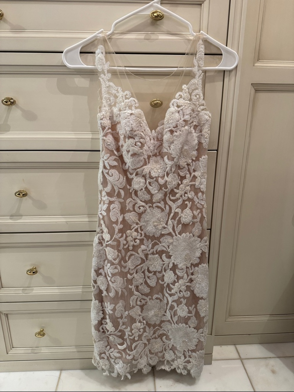 Watters Nude and White Lace Midi Dress